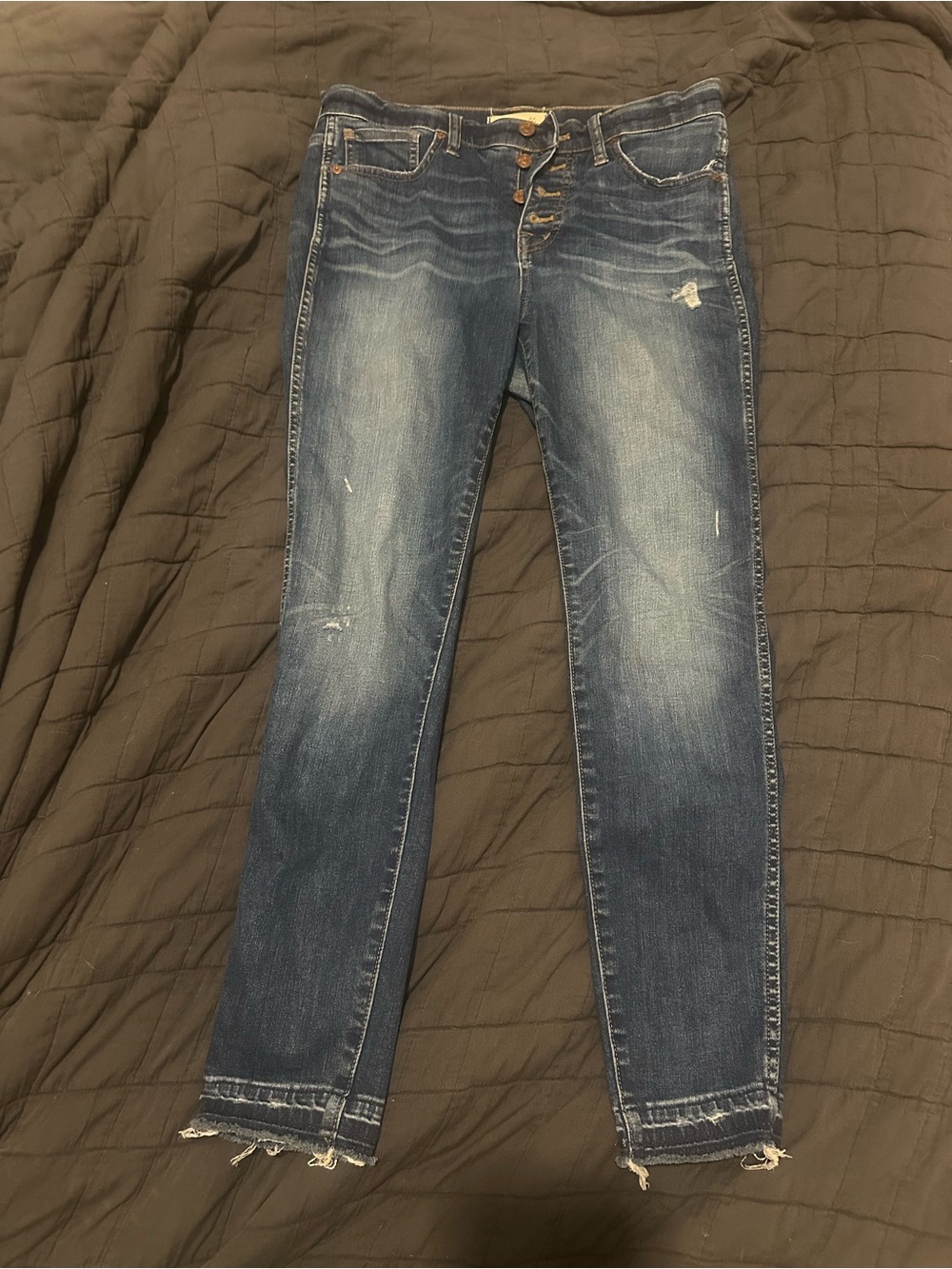 Madewell Blue Distressed Skinny Jeans with Frayed Hem